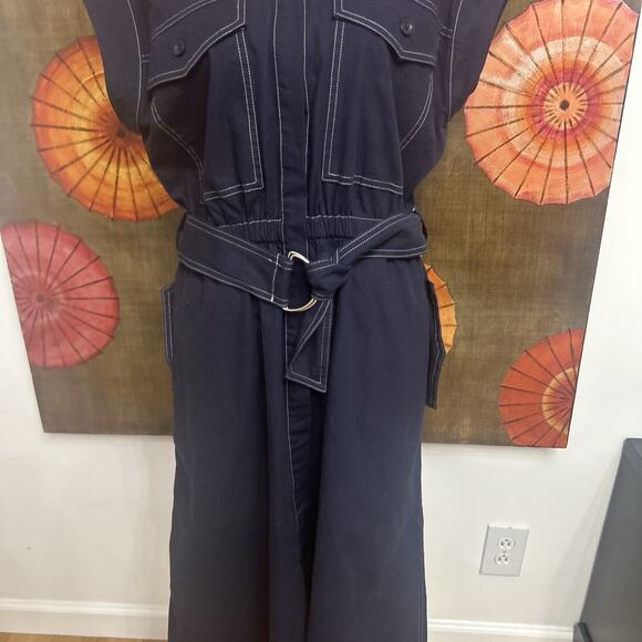 Free Assemble Blue Utility Dress Button Down Cap Sleeve Midi Minimalist Modern M - Picture 2 of 6